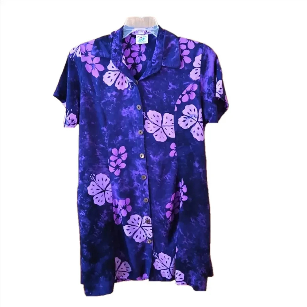 XL Floral Purple Hawaiian Button Down Dress